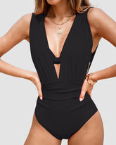 Curvyify Deep Plunge Ruched Swimsuit with Halter Bra Two-Piece Set