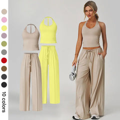 Women's Summer V Neck Top & Wide Leg Pants Set