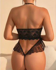 Classic Sexy Floral Lace Cut Out Bow Front Halter Teddy Bodysuit Lingerie Bow Tie