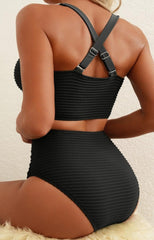Textured Bikini Set with Twist Front Top & High-Waisted Bottoms