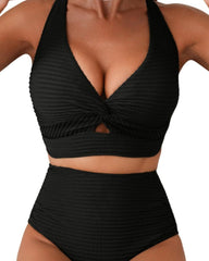 Textured Bikini Set with Twist Front Top & High-Waisted Bottoms