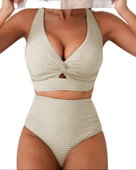 Textured Bikini Set with Twist Front Top & High-Waisted Bottoms