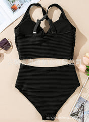 Textured Bikini Set with Twist Front Top & High-Waisted Bottoms