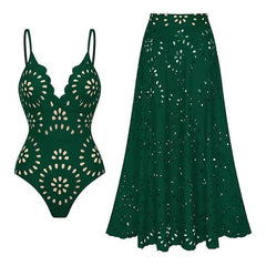 Flower Hollow One Piece Swimsuit and Skirt