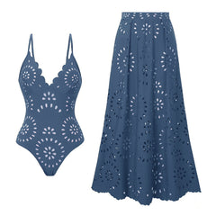 Flower Hollow One Piece Swimsuit and Skirt