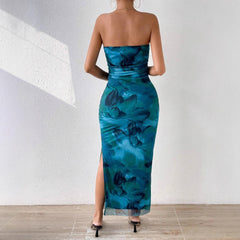 Mesh Floral Pleated Sexy Tight Split Strapless Tube-length Dress