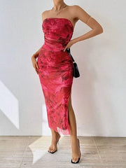 Mesh Floral Pleated Sexy Tight Split Strapless Tube-length Dress