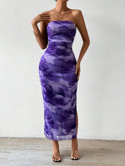 Mesh Floral Pleated Sexy Tight Split Strapless Tube-length Dress