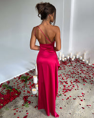 Women's Sexy One Shoulder Satin High Split Cocktail Fit Wedding Party Maxi Formal Dress