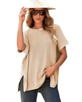 Women's Summer Solid Wool Pullover - Round Neck, Loose Short-Sleeve