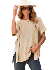Women's Summer Solid Wool Pullover - Round Neck, Loose Short-Sleeve