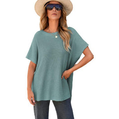 Women's Summer Solid Wool Pullover - Round Neck, Loose Short-Sleeve