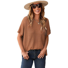 Women's Summer Solid Wool Pullover - Round Neck, Loose Short-Sleeve
