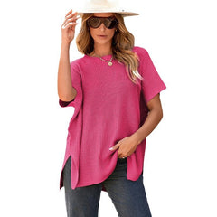 Women's Summer Solid Wool Pullover - Round Neck, Loose Short-Sleeve