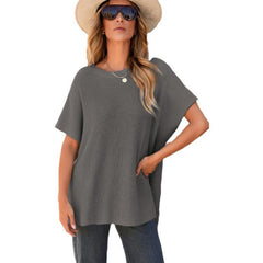 Women's Summer Solid Wool Pullover - Round Neck, Loose Short-Sleeve