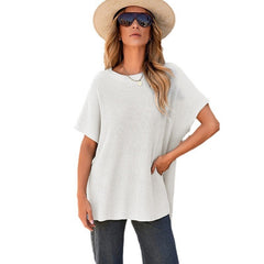 Women's Summer Solid Wool Pullover - Round Neck, Loose Short-Sleeve