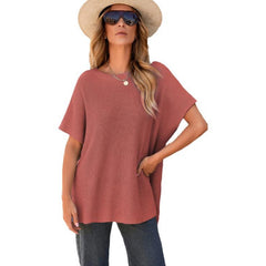 Women's Summer Solid Wool Pullover - Round Neck, Loose Short-Sleeve