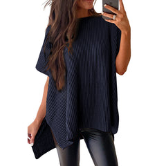 Women's Summer Solid Wool Pullover - Round Neck, Loose Short-Sleeve