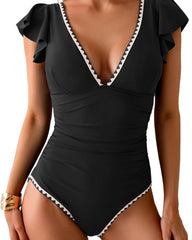 Ruffle V Neck Tummy Control One Piece Swimsuit