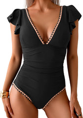 Ruffle V Neck Tummy Control One Piece Swimsuit