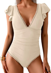 Ruffle V Neck Tummy Control One Piece Swimsuit