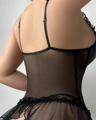 Sexy Ruffled Strap Bodycon Fishnet Dress With Stockings