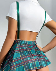 Plaid Print Pleated Suspender School Skirt(With panties)