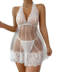 Floral Lace Halter Babydoll Lingerie Dress With Thong