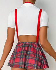 Plaid Print Pleated Suspender School Skirt(With panties)