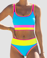 Color Contrast Patchwork Nylon Sporty 3 Piece Bikini Sets