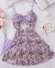 Women's Butterfly Embroidery Cami Nightdress & Thong Sexy Lingerie Set