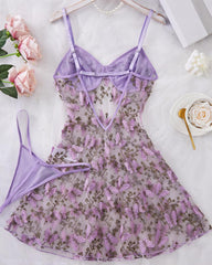Women's Butterfly Embroidery Cami Nightdress & Thong Sexy Lingerie Set