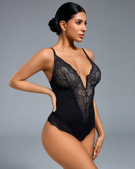 Deep V-Neck Lace Thong Bodysuit - A Stylish, Lightly-Sculpting Statement