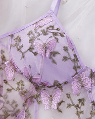 Women's Butterfly Embroidery Cami Nightdress & Thong Sexy Lingerie Set