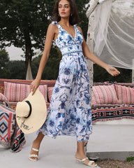 V Neck Lace Up Strip Plant Prints One Piece Swimsuit and Skirt/Sarong