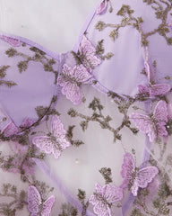 Women's Butterfly Embroidery Cami Nightdress & Thong Sexy Lingerie Set