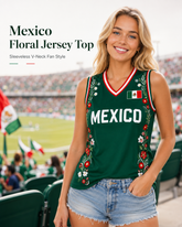 Women Floral Mexico Flag Sleeveless V Neck Soccer Fan Jersey Top