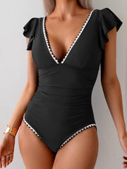 Ruffle V Neck Tummy Control One Piece Swimsuit