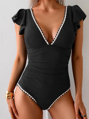 Ruffle V Neck Tummy Control One Piece Swimsuit