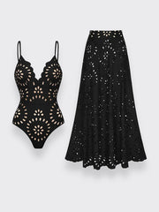 Flower Hollow One Piece Swimsuit and Skirt