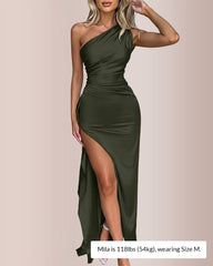 One Shoulder Satin High Split Maxi Dress Curvvvy-US
