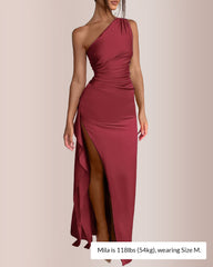One Shoulder Satin High Split Maxi Dress Curvvvy