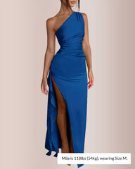 One Shoulder Satin High Split Maxi Dress Curvvvy
