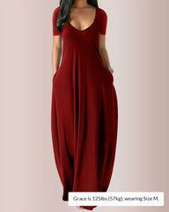 Plus Size V-Neck Loose Fit Maxi Dress with Pockets