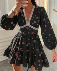 Deep V-Neck Lace Trim Floral Puff Sleeve Mini Dress