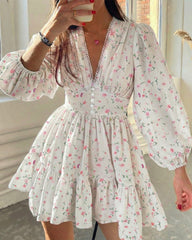 Deep V-Neck Lace Trim Floral Puff Sleeve Mini Dress