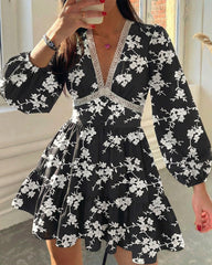 Deep V-Neck Lace Trim Floral Puff Sleeve Mini Dress