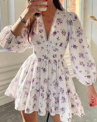Deep V-Neck Lace Trim Floral Puff Sleeve Mini Dress