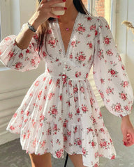 Deep V-Neck Lace Trim Floral Puff Sleeve Mini Dress