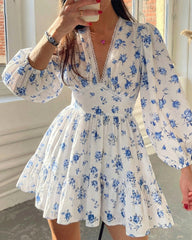 Deep V-Neck Lace Trim Floral Puff Sleeve Mini Dress